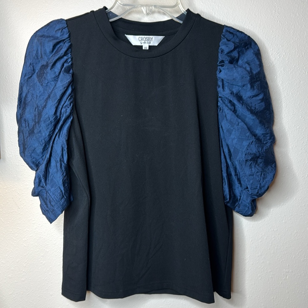 CROSBY by Mollie Burch Black and Blue Ruffled Puff Sleeve Blouse - Picture 11 of 14